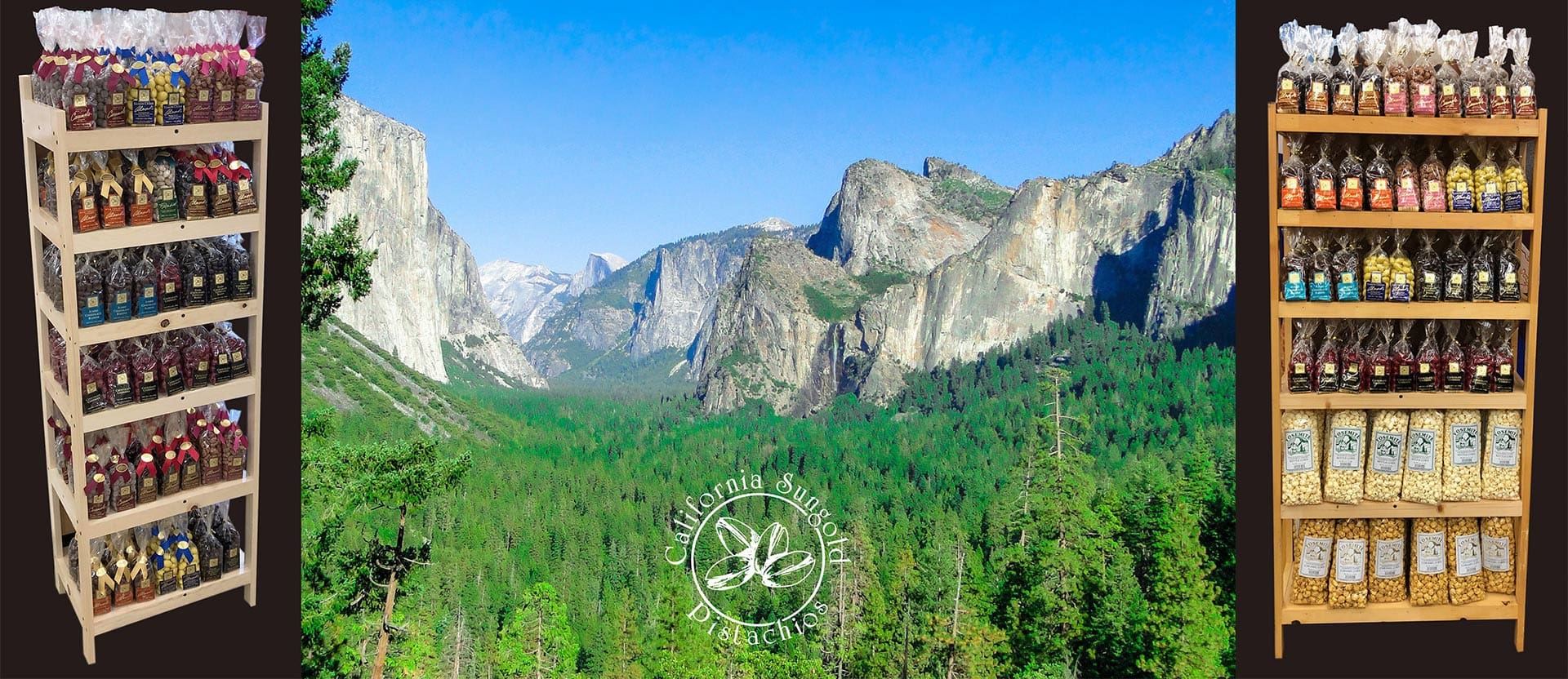 A collage featuring two images of shelves with assorted jams and spices flanking a central panoramic view of yosemite valley, including half dome under clear blue skies.